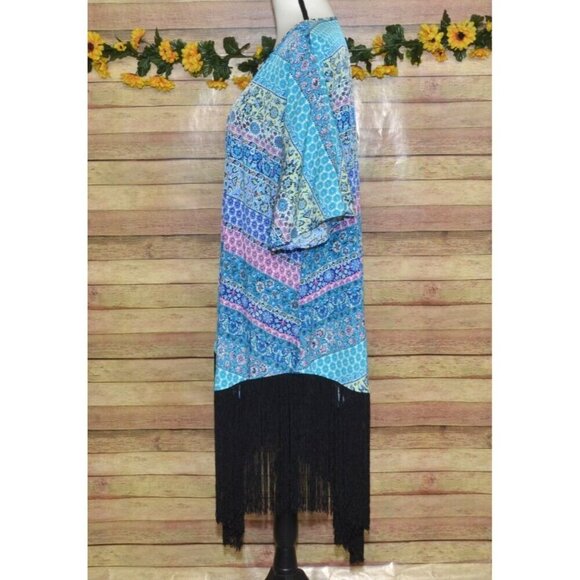 Liberty Love Blue Floral Cardigan Kimono Jacket Size L Long Fringe Festival Boho - Picture 8 of 14